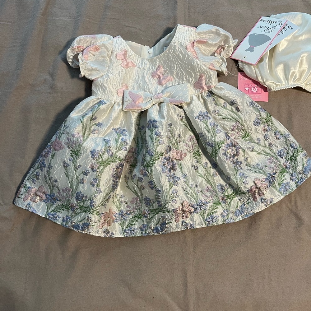 Rare Editions Ivory Floral Jacquard Dress with Pink Accents